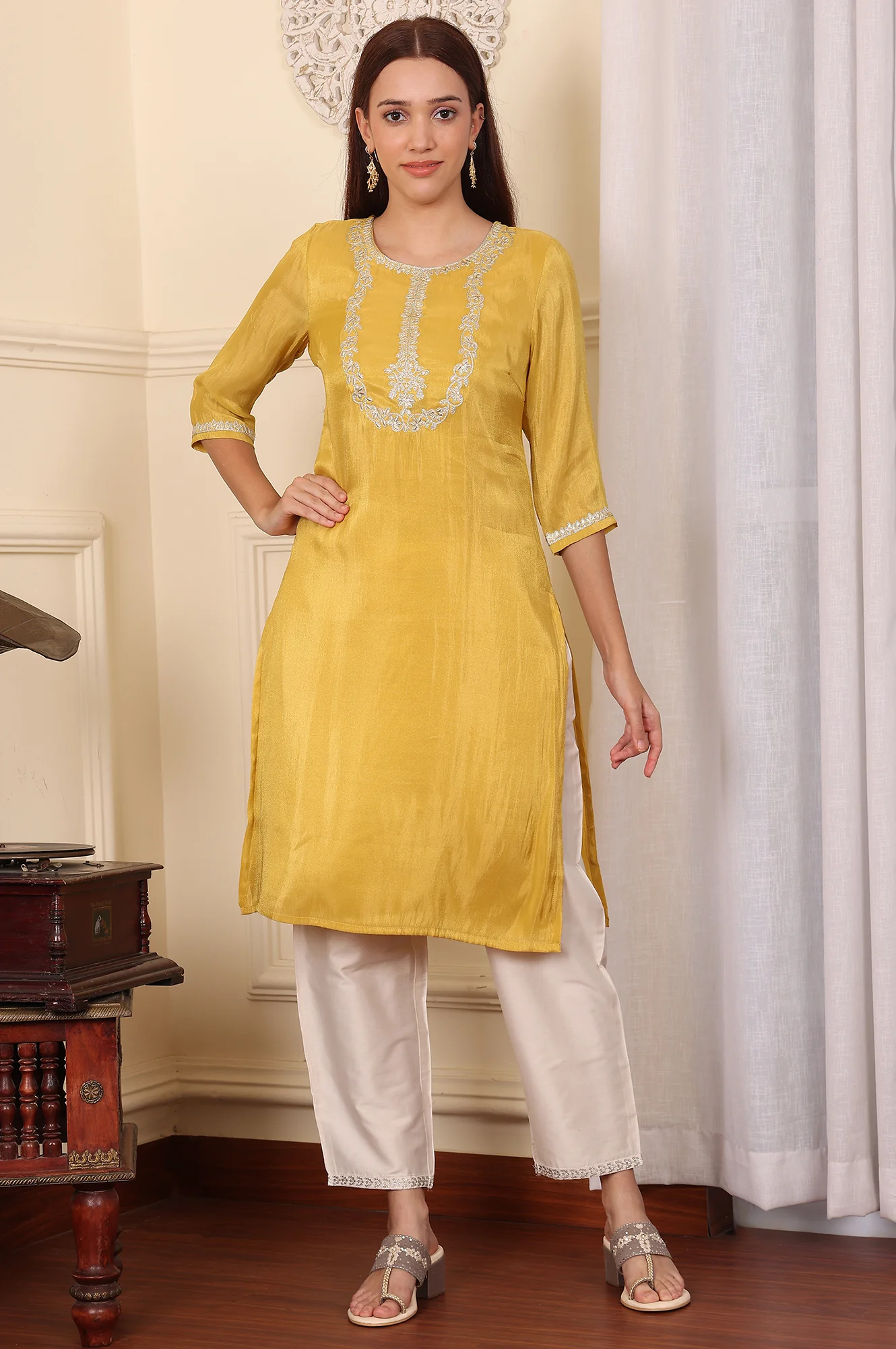 Yellow Dori Embroidered Straight Tissue Kurta